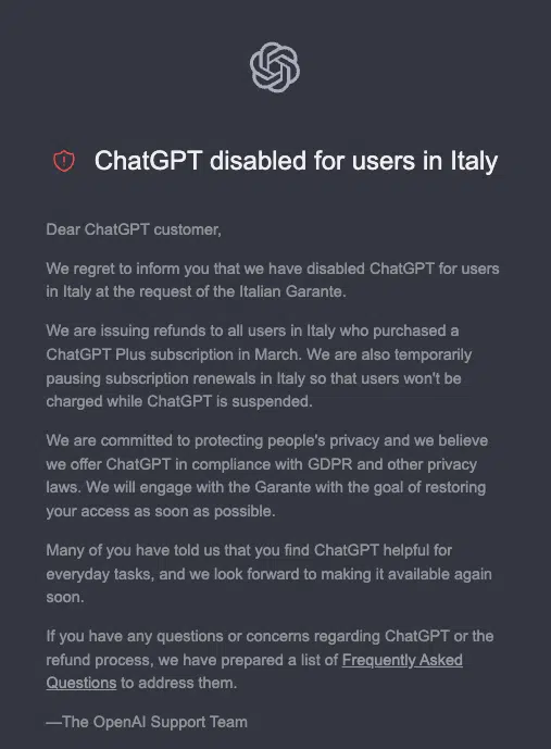 blocco chatGPT in Italia
